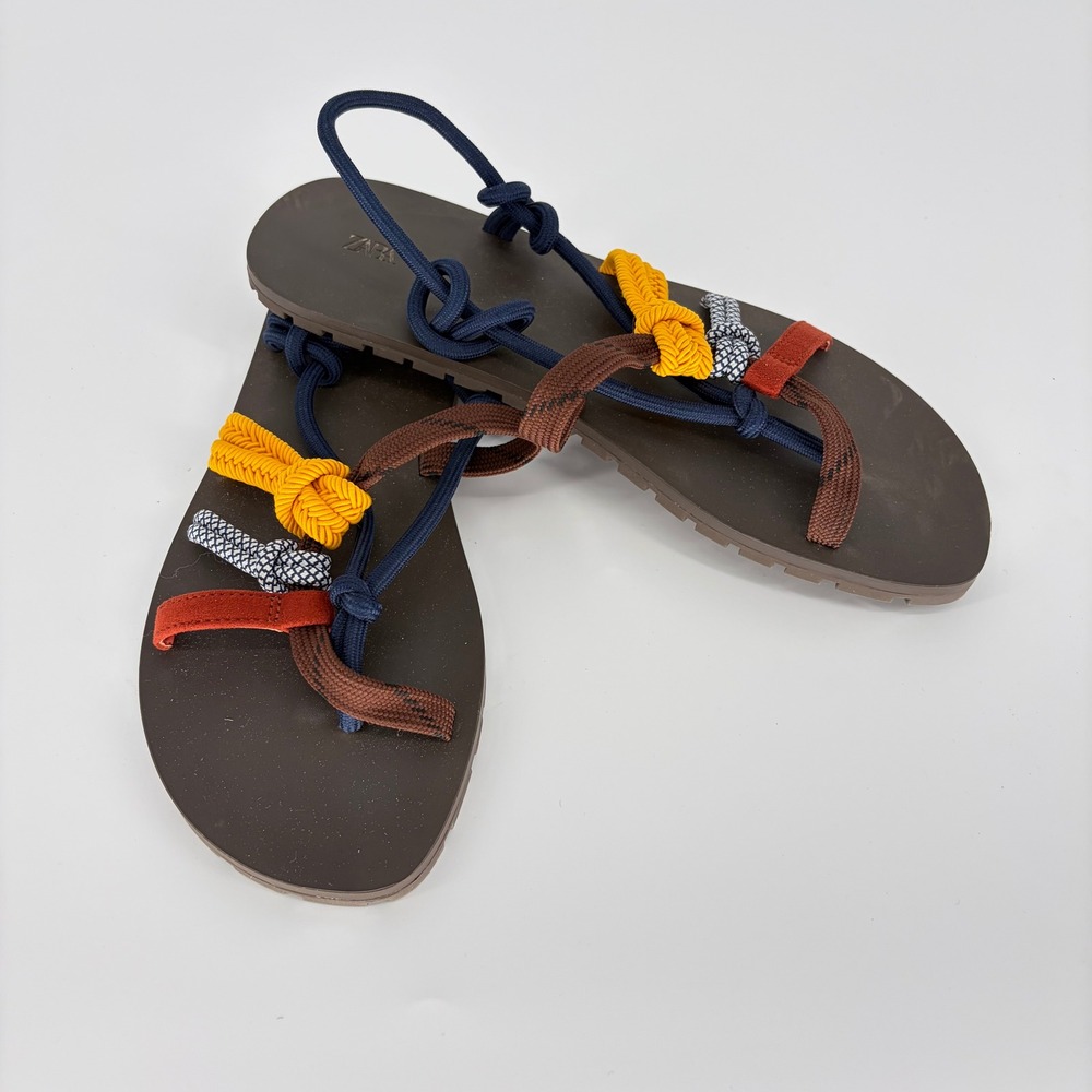 Zara Womens Multi Color Rope Knot Flat Sandals Brown Slingback Size 38 US 7.5